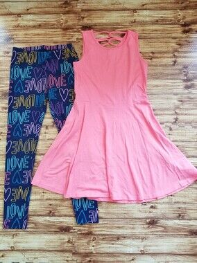 Children's Place Peach Dress Navy Love Leggings Cat & Jack Girls Kids Large L